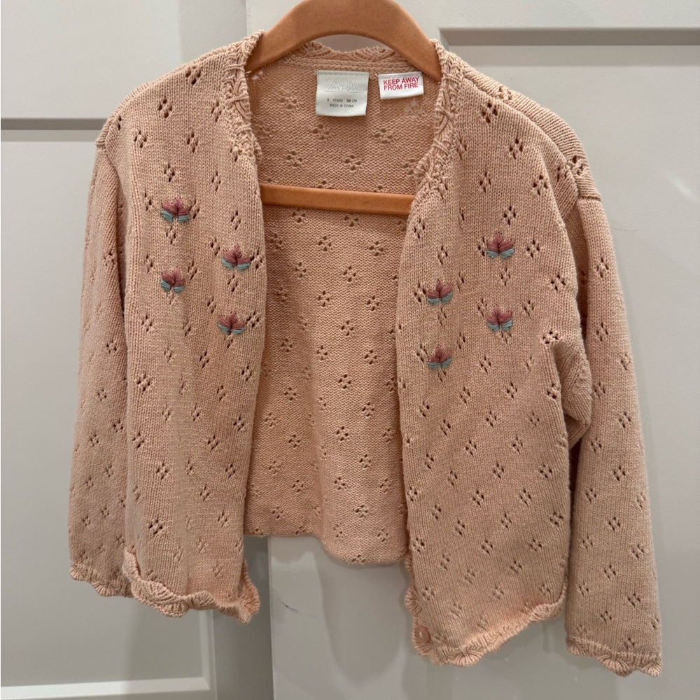 Zara Peach Knit Cardigan with Floral Embroidery